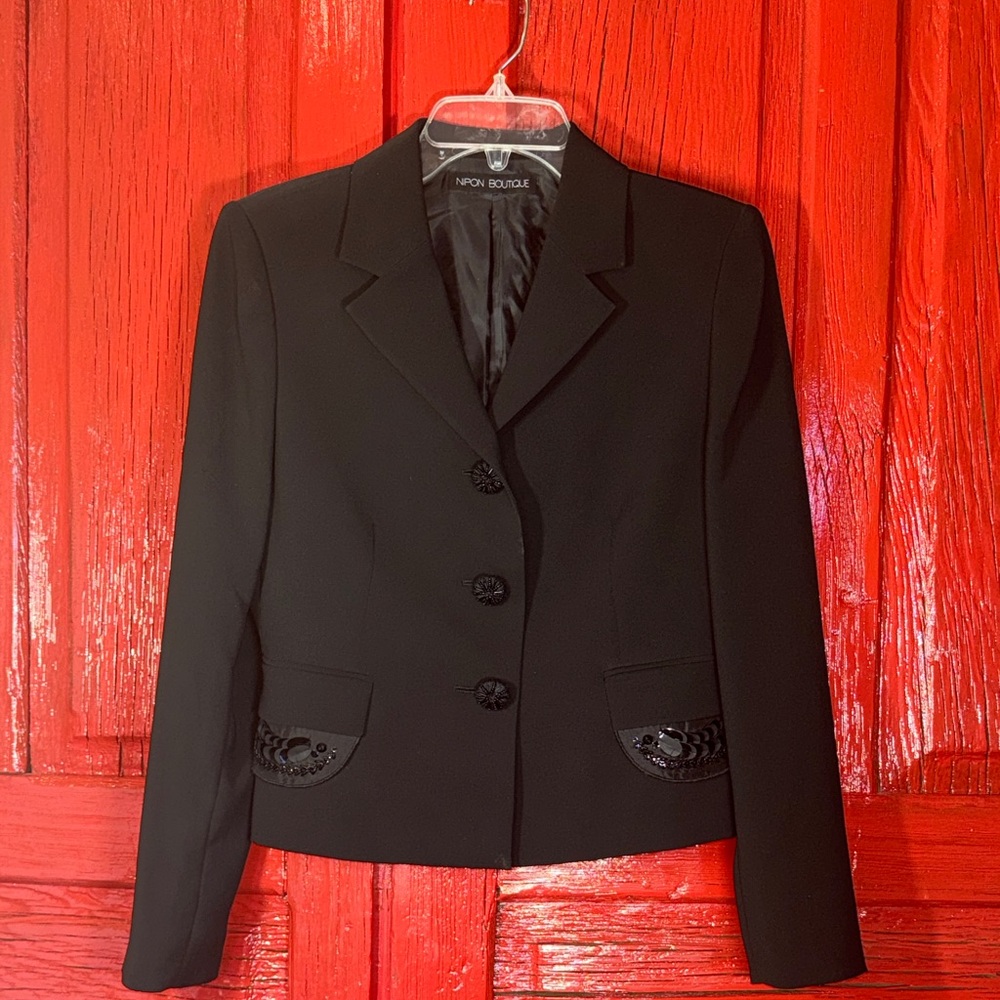 Nipon Boutique Classic Black Blazer with Embellished Pockets
